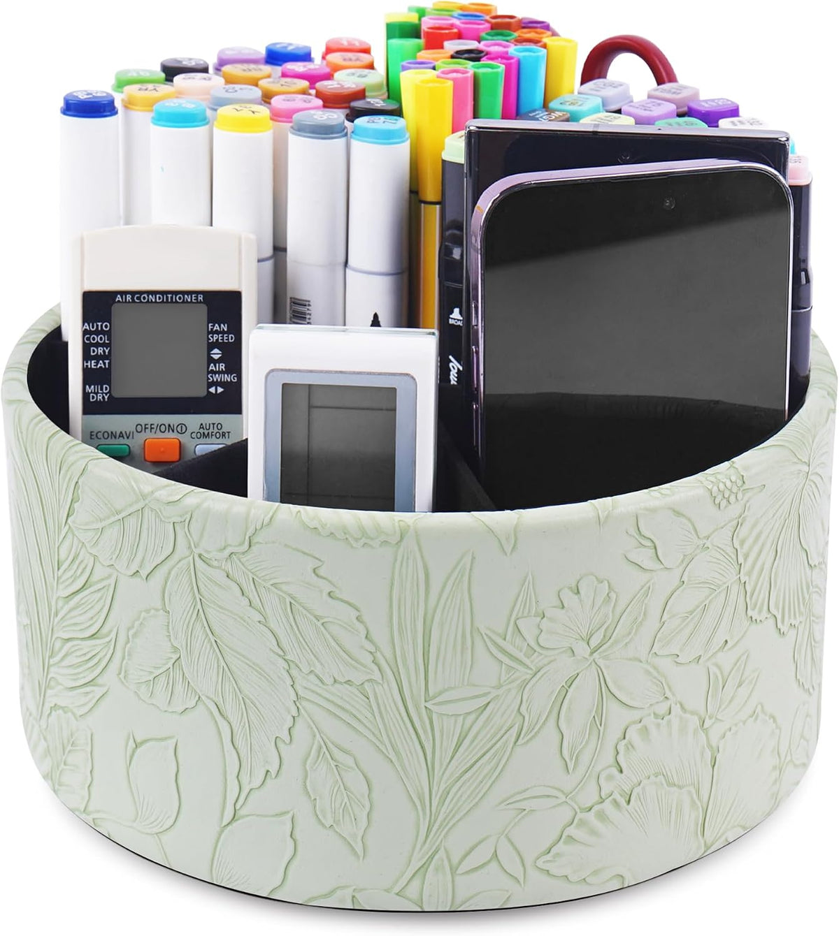 Round Leather Art Supply Organizer,Remote Control Holder,360 Degree Rotating,Multi-Functional Pencil Holder,4 Compartments Desktop Stationary Organizer(1-Blue Bird) - Colors B