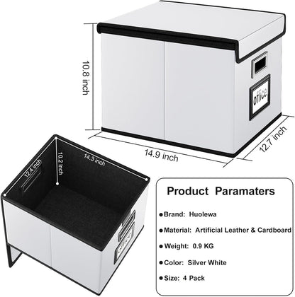 Upgraded Portable File Organizer Box with Lid, Collapsible Linen Hanging Filing Storage Boxes with Plastic Slides, Decorative Home/Office Filing System Box for File and Folders Storage (Gray)