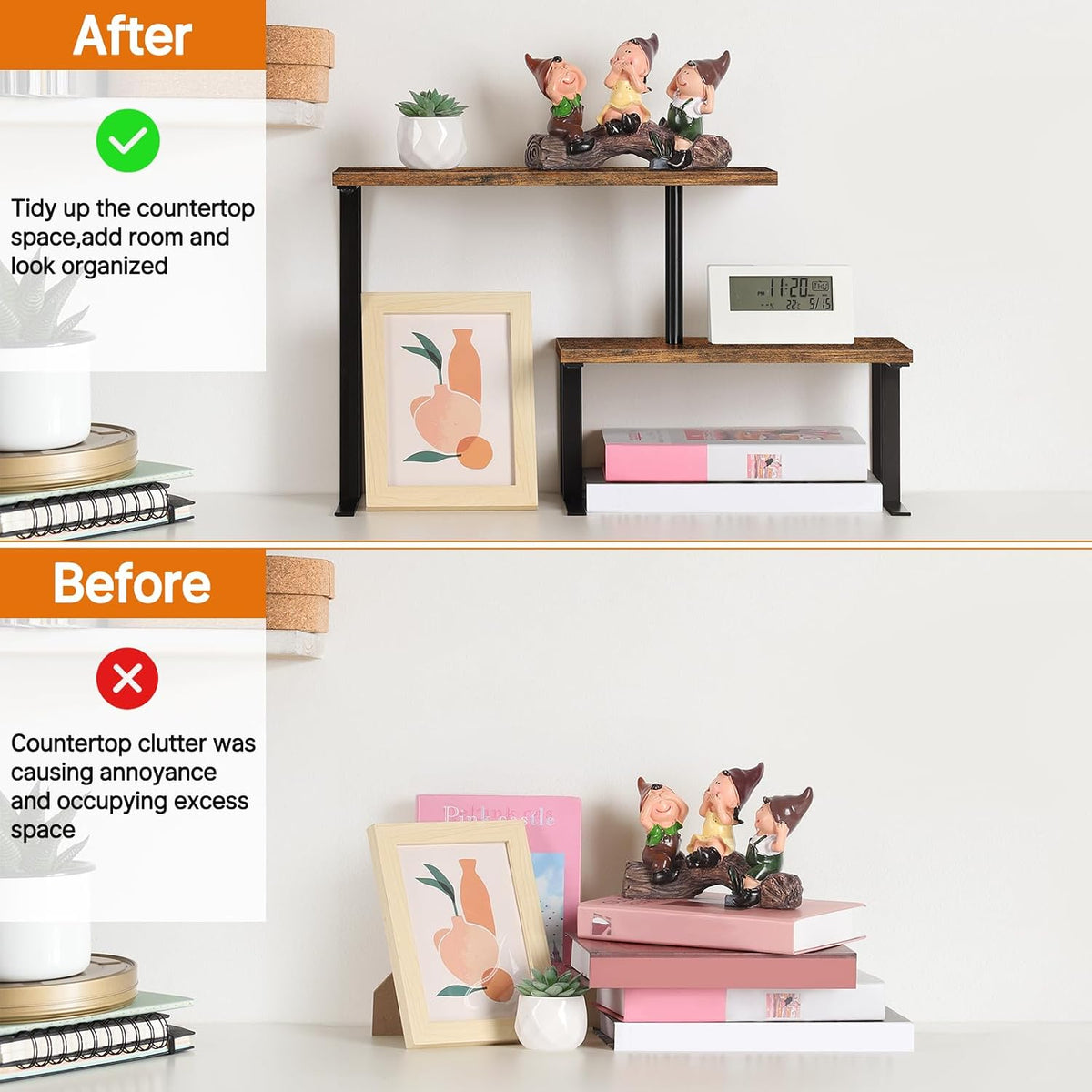 Shinoske Desk Shelf Organizer,15.7" Adjustable Corner Shelf Organizer,2-Tier Small Desktop Bookshelf,Spice Rack,Home Office Wood Display Shelf,Rustic Brown