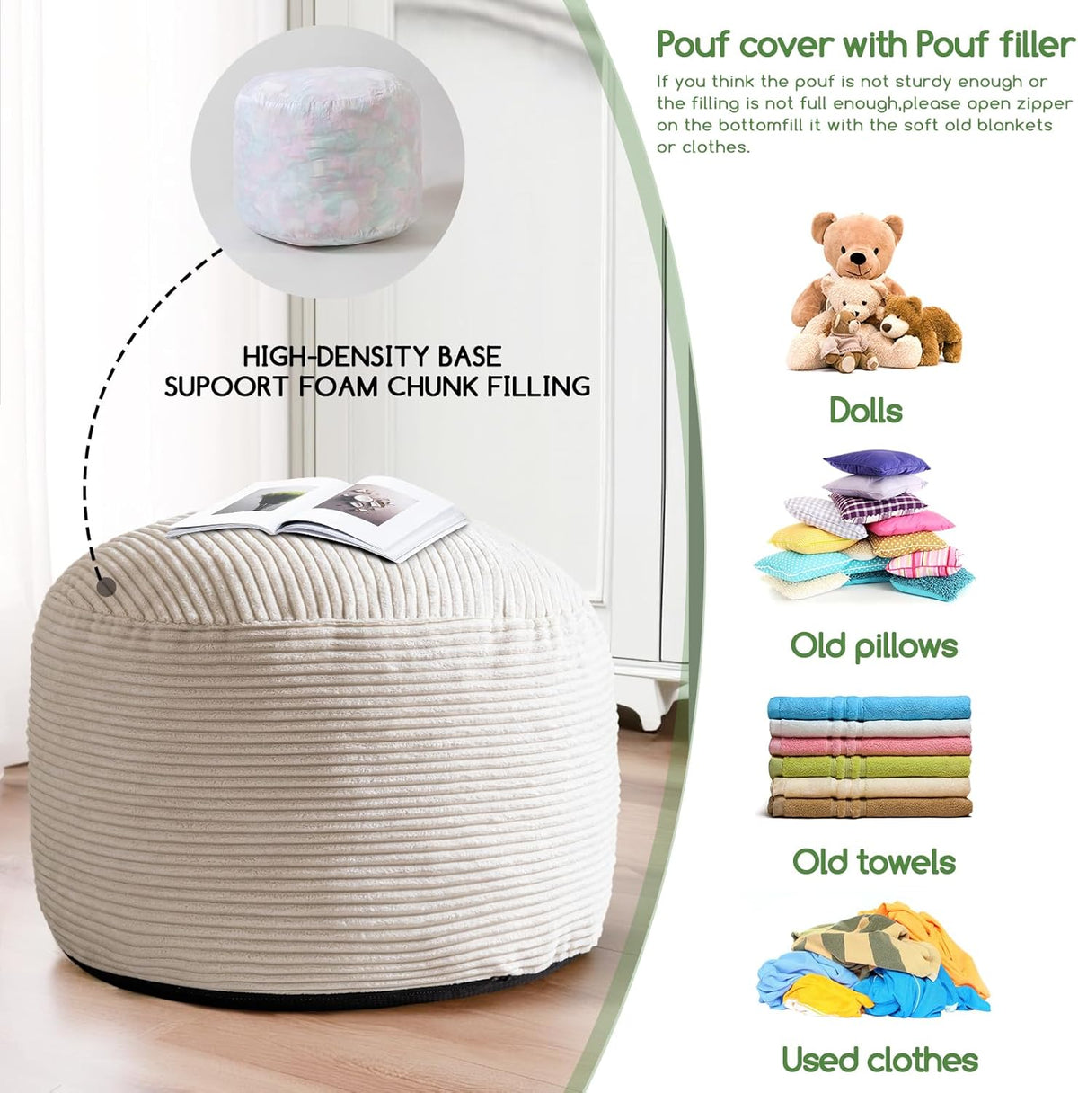 Round Stuffed Pouf Ottoman, Corduroy Poufs with Foam Chunk Filling, Furry and Fluffy Pouf Foot Stool Storage Ottoman, 20 X 15 Floor Poufs Foot Rest for Living Room, Dark Grey