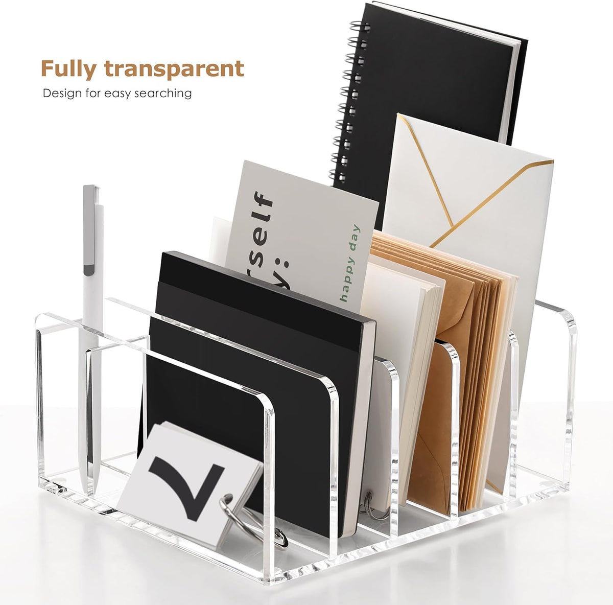 SANRUI Acrylic Mail Sorter Desktop Organizer Holder with Drawer, 5 Compartments Clear Small File Script Letter Document Storage for Desk Bill Filling Envelope Holder Office, Home, School Organization