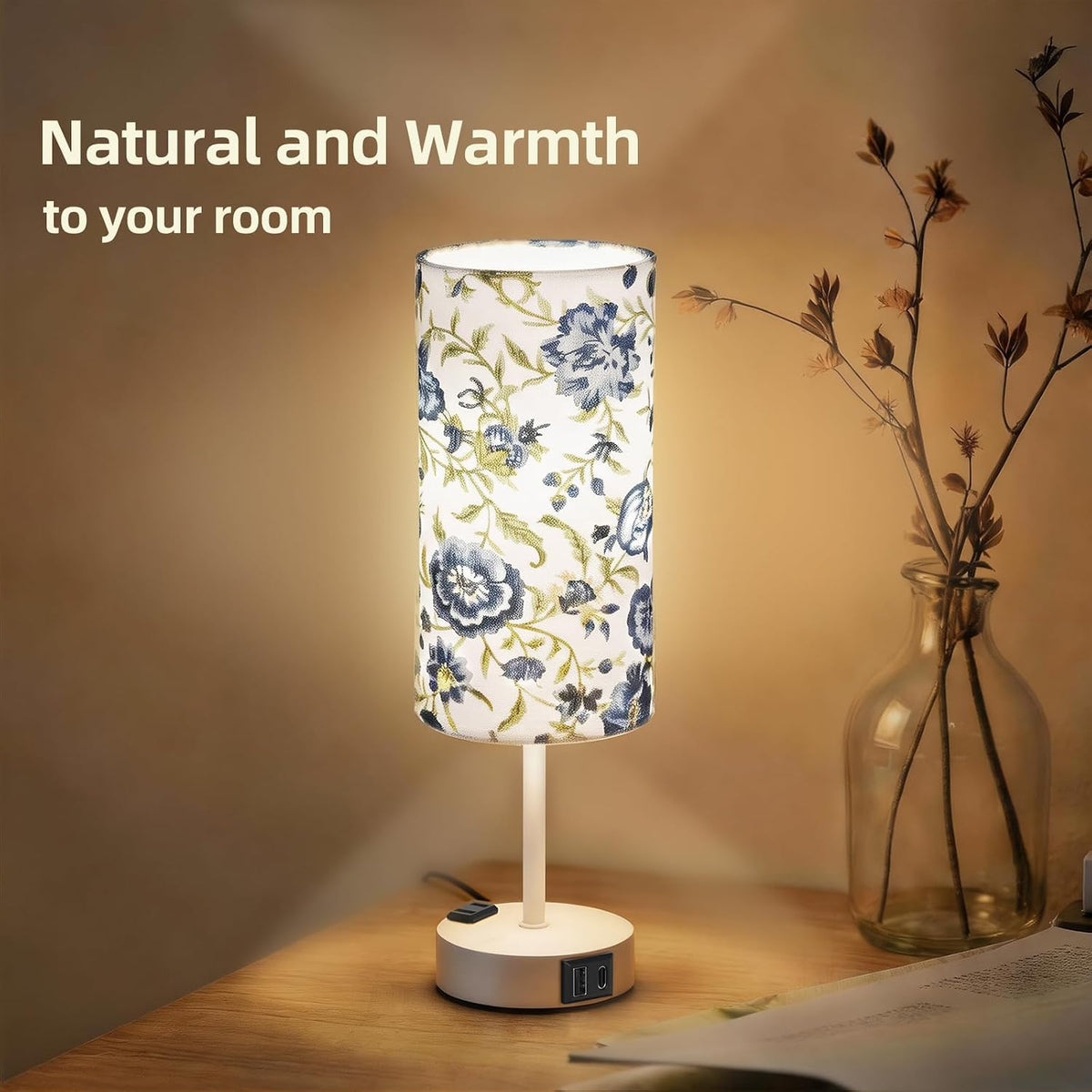 Table Lamp for Nightstand, High-Sensitivity Touch, 3-Level Dimmable Bedside Lamp with AC Outlet | USB | and USB-C, Ideal Night Stand Lamp for Bedroom, Reading, Living Room(Warm&Wooden)