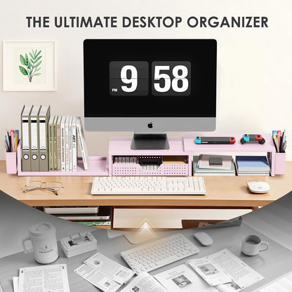 OPNICE Desk Organizers and Accessories, Dual Monitor Stand Riser with Drawer and 2 Pen Holders, Desk Shelf Metal Computer Racks for Office Workspace Organizers, Desktop Organization (Black Metal)