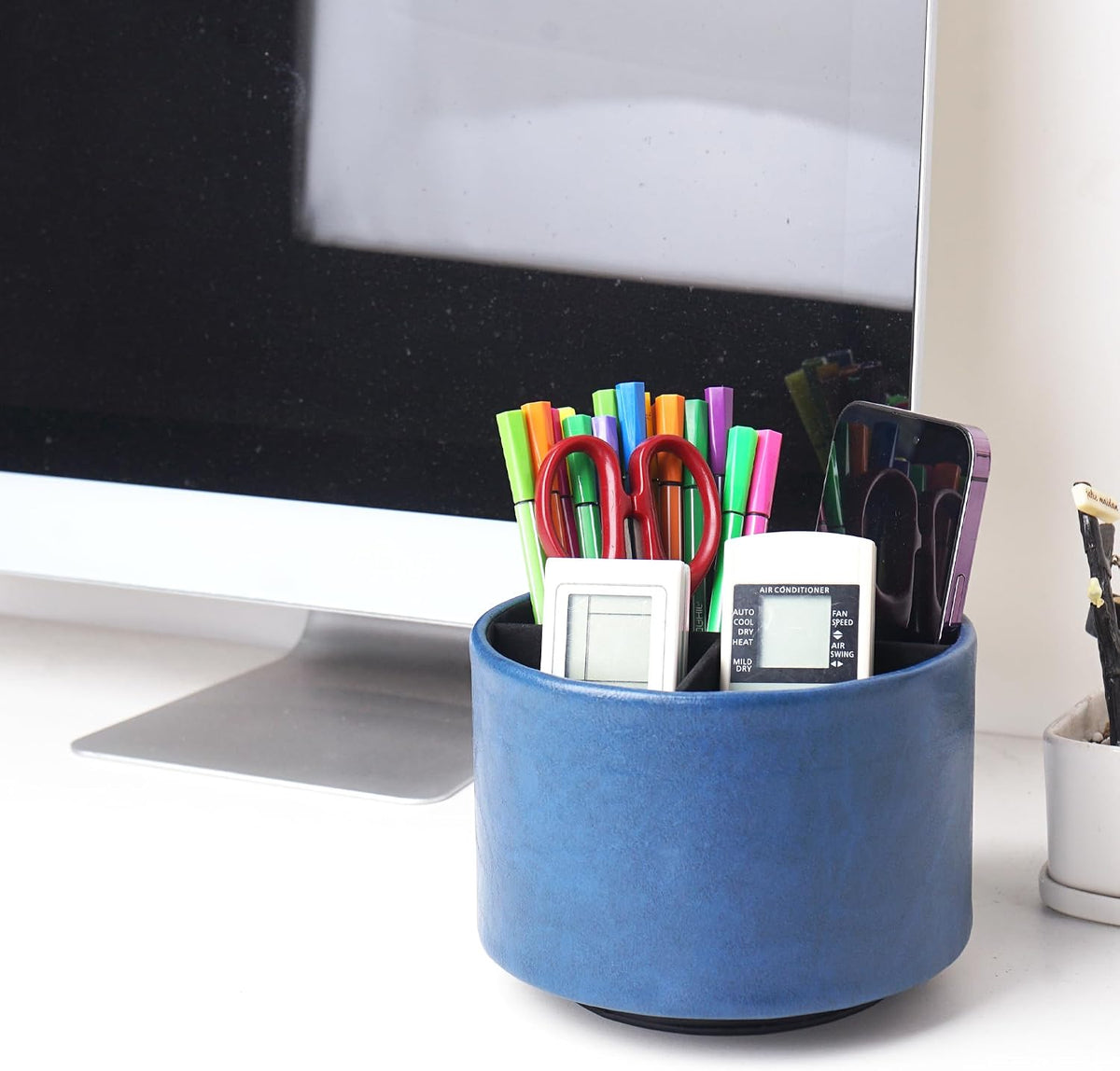 Round Leather Art Supply Organizer,Remote Control Holder,360 Degree Rotating,Multi-Functional Pencil Holder,4 Compartments Desktop Stationary Organizer(1-Blue Bird) - Colors C