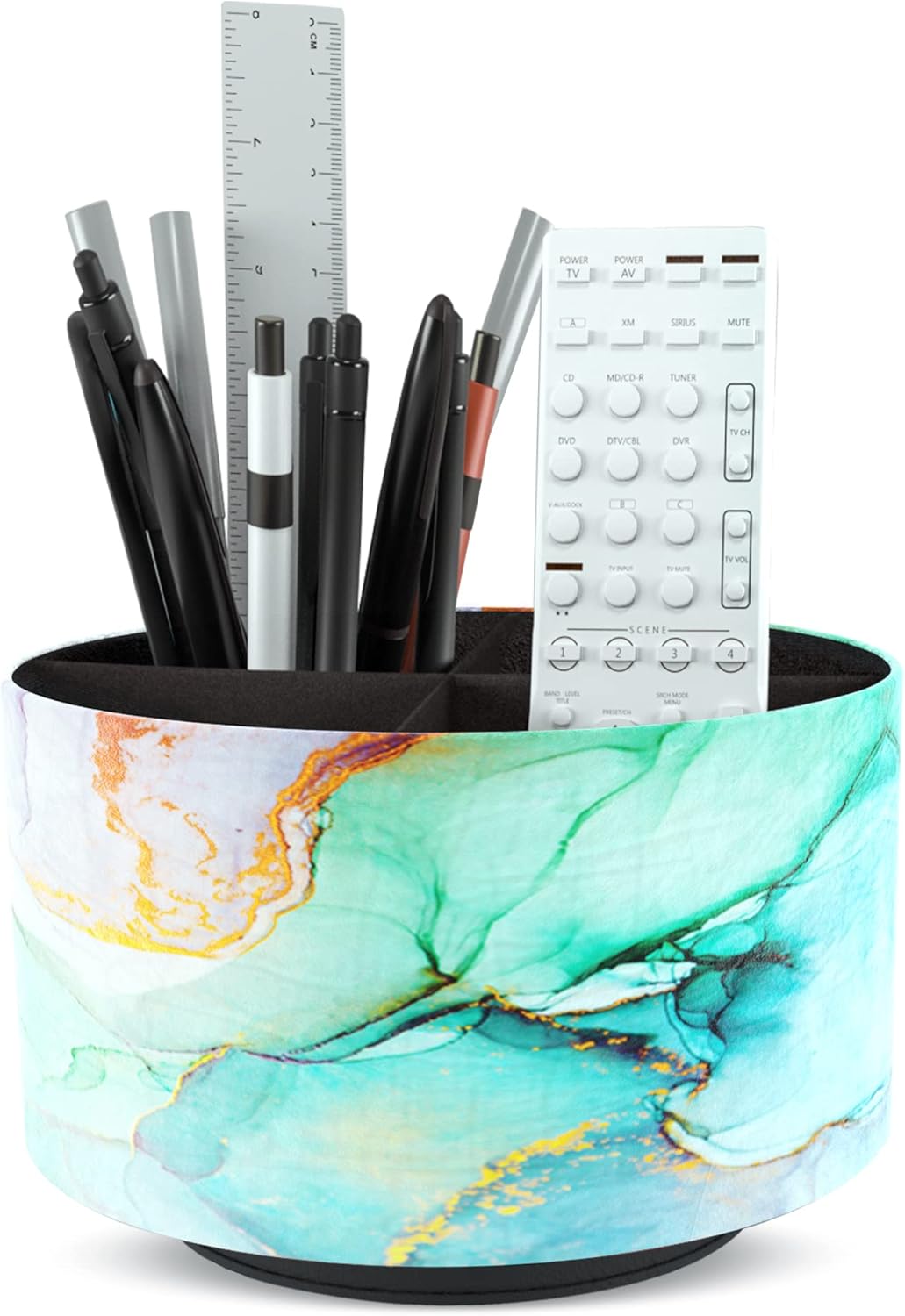 Round Leather Art Supply Organizer,Remote Control Holder,360 Degree Rotating,Multi-Functional Pencil Holder,4 Compartments Desktop Stationary Organizer(1-Blue Bird) - Colors B