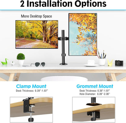Dual Monitor Desk Mount, Max 32 Inch up to 17.6lbs, Fully Adjustable Dual Monitor Arm for 2 LCD Screens, Double Monitor Stand with C-Clamp and Grommet Base