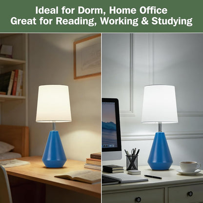 Small Bedside Table Lamp for Bedroom - Reading Desk Lamp with 3 Color Temperatures，15.5" Nightstand Ceramic Lamp with Fabric Shade for Kids Room,Living Room,Dorm,Home Office (Green)
