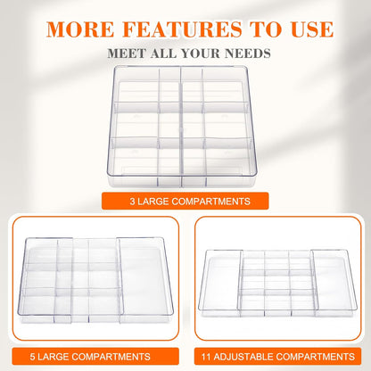 Briwooody 1 Pcs Large Expandable Acrylic Drawer Organizers, Grid Adjustable Drawer, Dividers Organizer for Desk, Makeup, Jewelry, Office, Kitchen Supplies (Clear,11 Compartments)