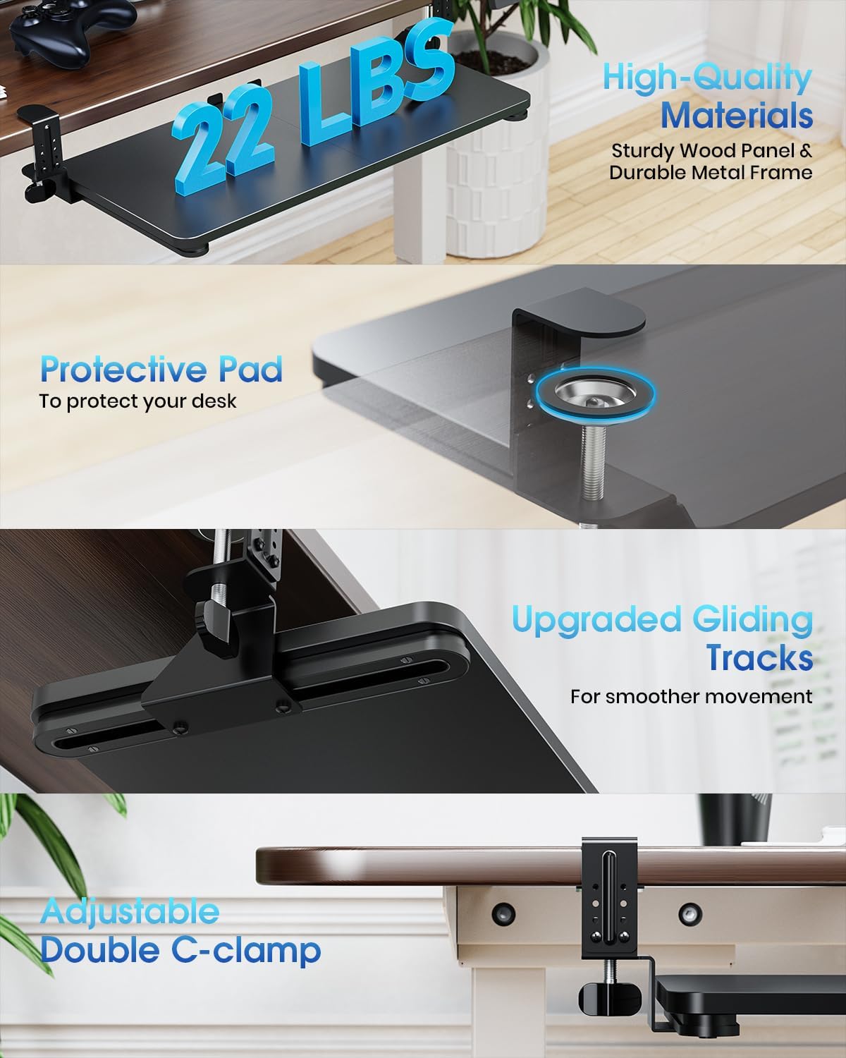 Small Keyboard Tray Under Desk, Pull Out Keyboard & Mouse Tray with Adjustable C-clamp, 20(25.9 Including Clamps) x 11.8 Inch Slide Out Computer Keyboard Drawer Mouse Tray for Typing, Walnut