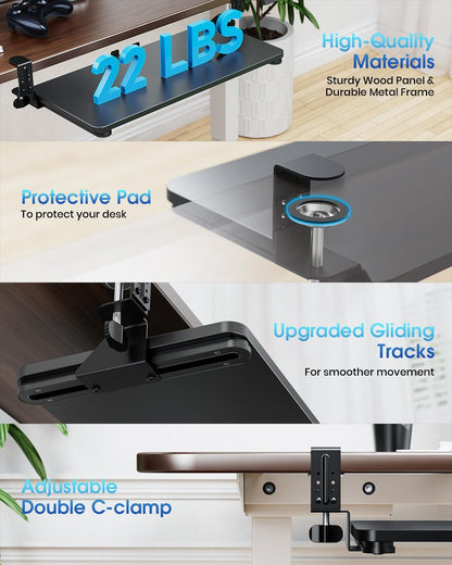 Small Keyboard Tray Under Desk, Pull Out Keyboard & Mouse Tray with Adjustable C-clamp, 20(25.9 Including Clamps) x 11.8 Inch Slide Out Computer Keyboard Drawer Mouse Tray for Typing, Walnut