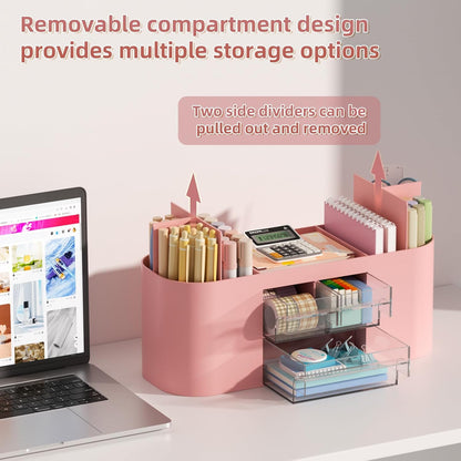 Marbrasse Desk Organizer Pen Holder for Desk with 3 Drawers, Multi-Functional Pencil Holder, Desk Organizers and Accessories with 7 Compartments for Home, School, Classroom(Pink)