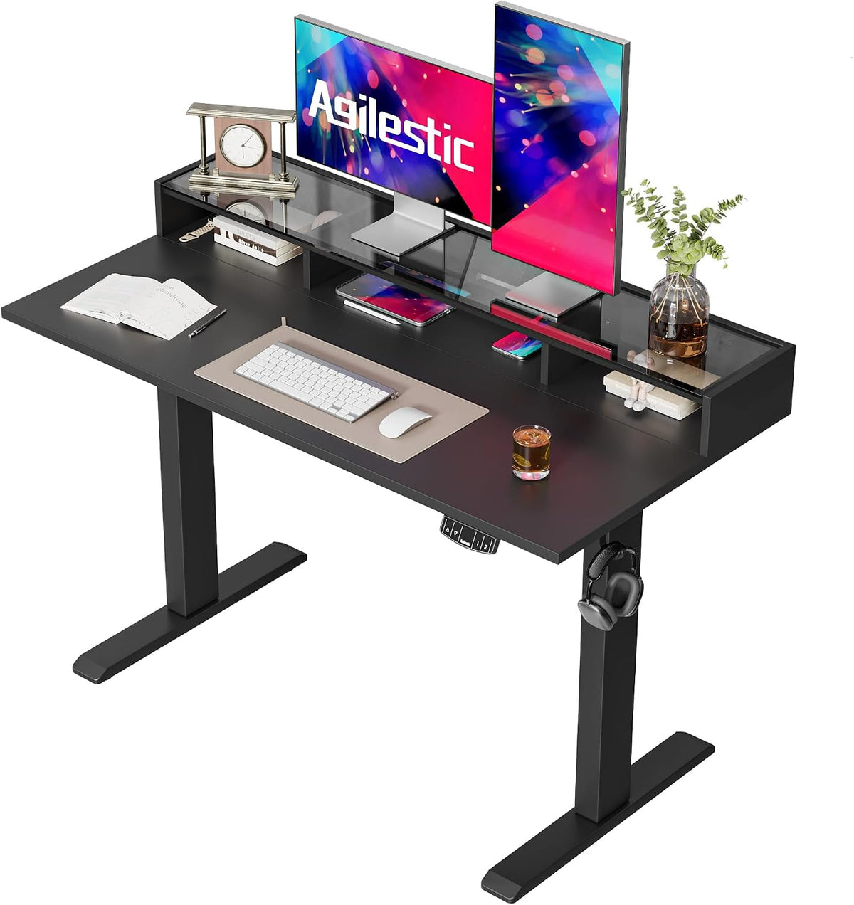 48 * 24 Inch Electric Standing Desk with Shelf & Led, Dark Walnut