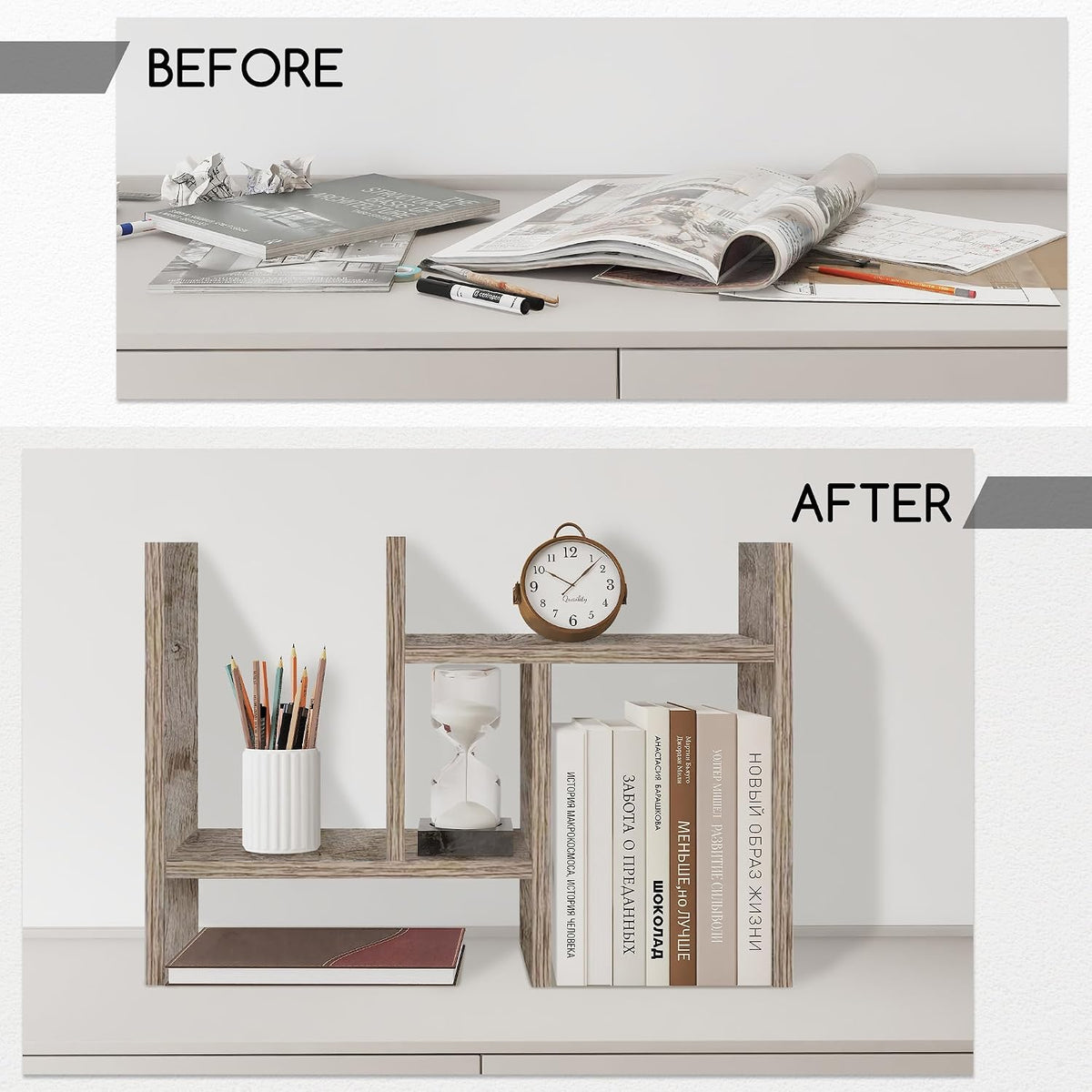 Jerry & Maggie Desktop Organizer Office Storage Rack Adjustable Wood Display Shelf Free Style Double H, Multi-Functional Mini Bookshelf for Desk Natural Stand (White)
