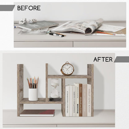 Jerry & Maggie Desktop Organizer Office Storage Rack Adjustable Wood Display Shelf Free Style Double H, Multi-Functional Mini Bookshelf for Desk Natural Stand (White)