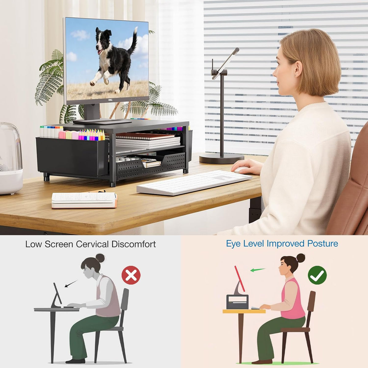 Desk Organizers and Accessories, Computer Monitor Stand Riser with Drawer and 2 Pen Holders, Printer & Laptop Stand, Office Desk Accessories & Workspace Organizers for Home Office Supplies, Black