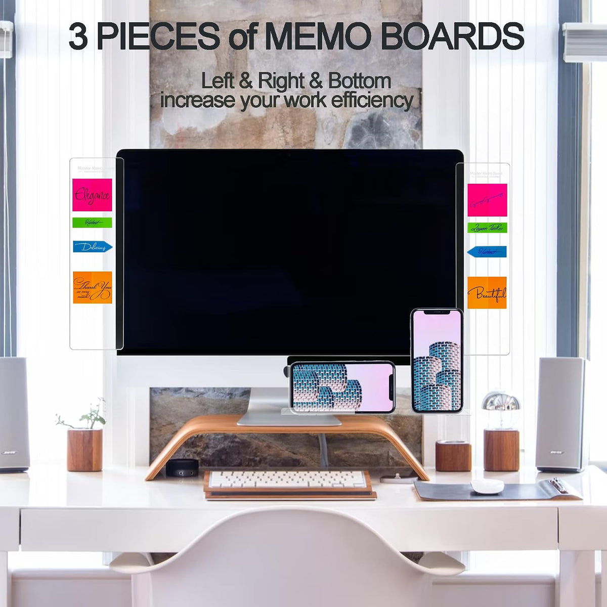 3PCS Monitor Memo Board (Left, Right & Bottom) Office Decor for Women Men, Desk Accessories Computer Monitor Memo Board with Phone Holder for Home Office Desktop, Comes with 1 Pack Sticky Note