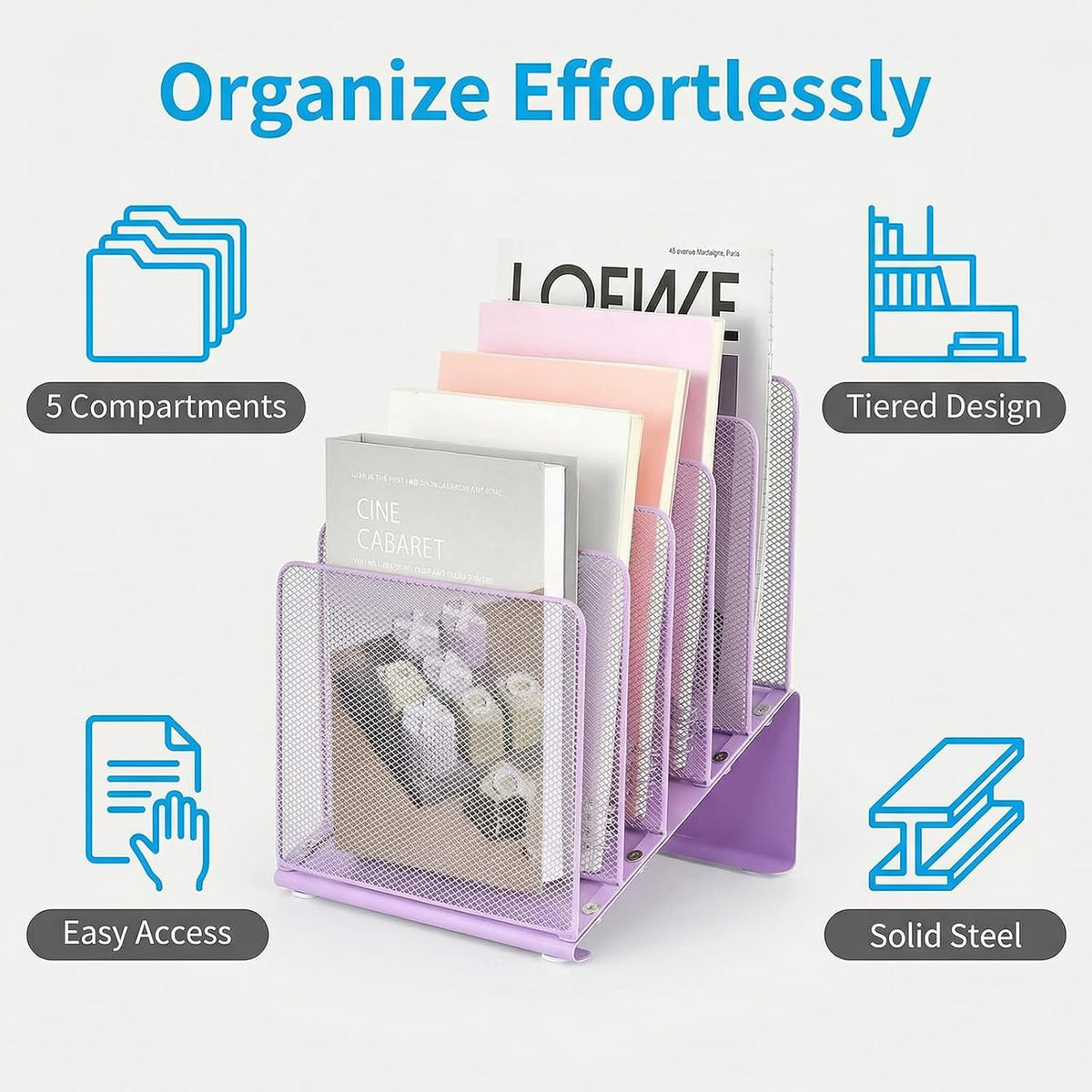 LEKETREE File Organizer for Desk, File Folder Organizer with 5-Section Vertical Rack, Suitable for Home Office Document Organization and Storage(Black)
