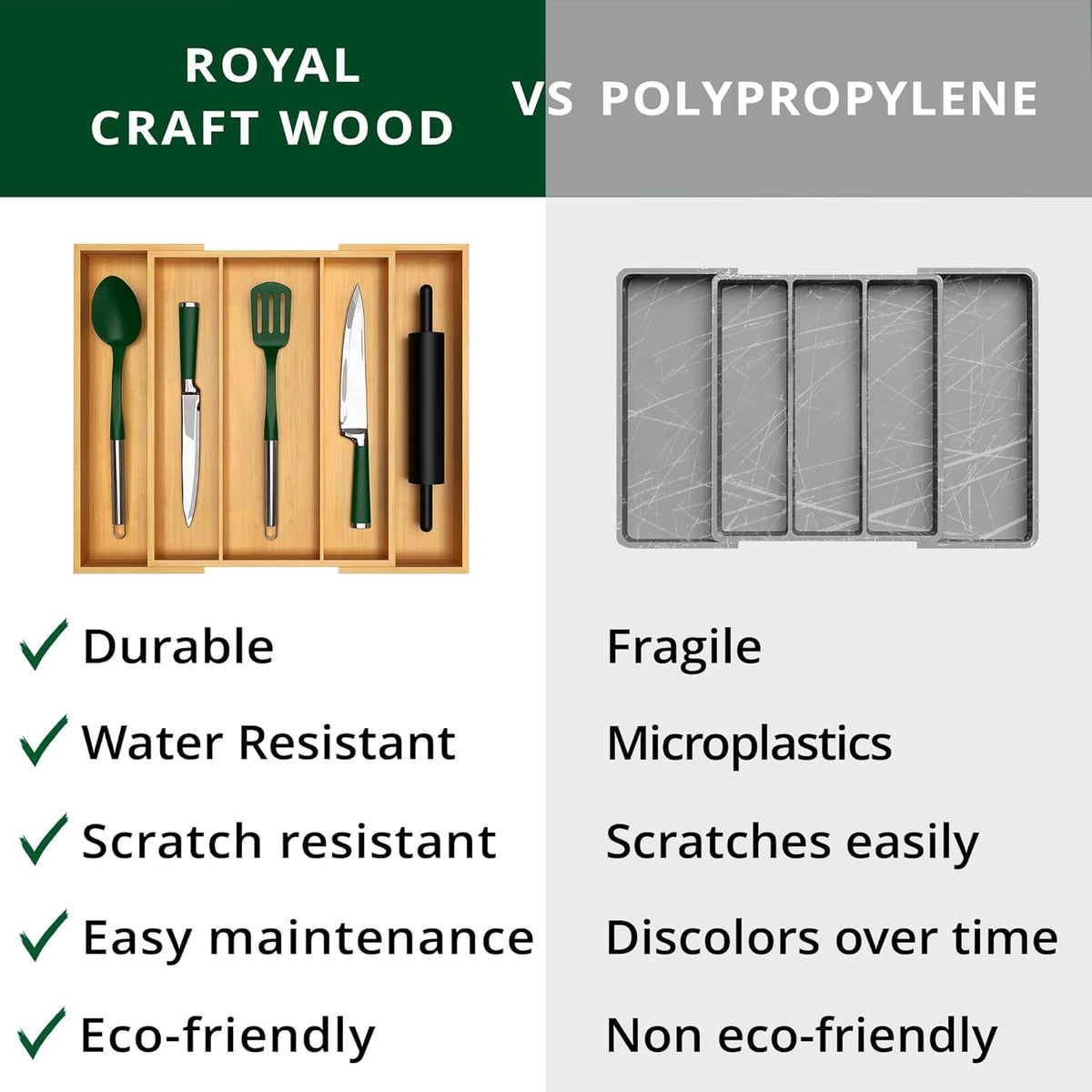 ROYAL CRAFT WOOD Luxury Bamboo Kitchen Drawer Organizer - Silverware Organizer, Utensil Holder & Cutlery Tray Drawer Dividers for Flatware (9 Slot, Natural)