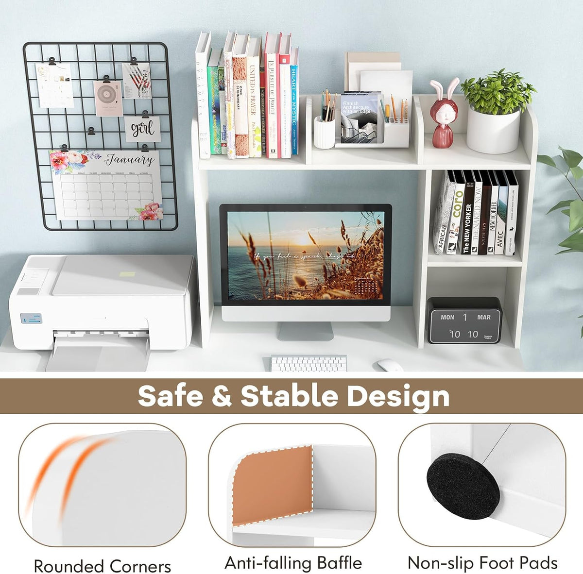 Desktop Bookshelf, Countertop Storage Hutch with 5 Shelves for Computer Desk, Desk 3-Tier Display Rack, Multipurpose Wood Desktop Hutch Storage Organizer for Dorm Office Home
