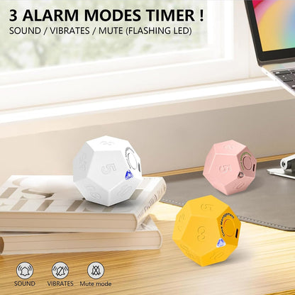 Mini 12 Sided Cube Timer, 11 Preset Times Pomodoro Timer for Enhanced Productivity. Ideal for ADHD Management, Workout, Study & Kitchen Cooking. Easy to Use（White）