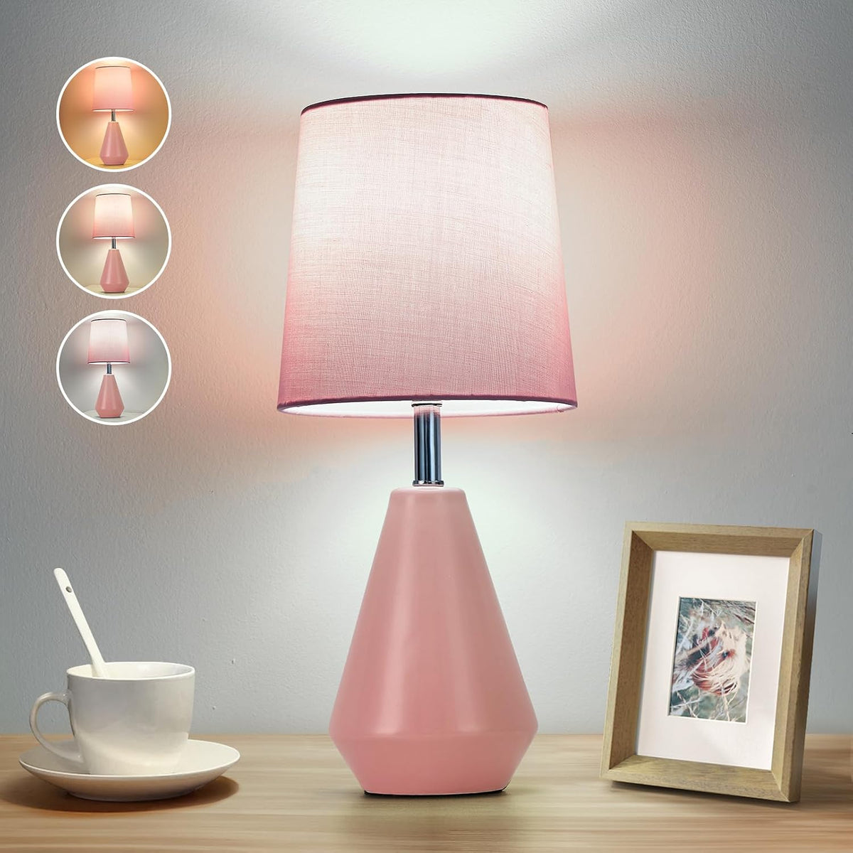 Small Bedside Table Lamp for Bedroom - Reading Desk Lamp with 3 Color Temperatures，15.5" Nightstand Ceramic Lamp with Fabric Shade for Kids Room,Living Room,Dorm,Home Office (Green)