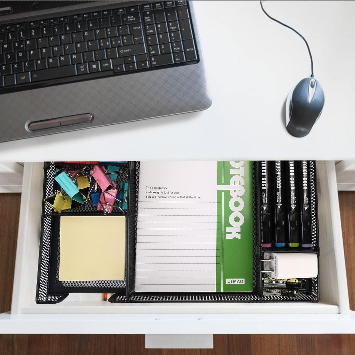Desk Drawer Organizer Tray with Adjustable Compartments, 6 Grid Metal Mesh Drawer, Multi-use Desk Organizer Storage Box Set for Office,Home,School Supplies, 12.6X9X1.9 inch