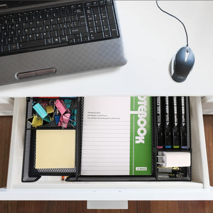 Desk Drawer Organizer Tray with Adjustable Compartments, 6 Grid Metal Mesh Drawer, Multi-use Desk Organizer Storage Box Set for Office,Home,School Supplies, 12.6X9X1.9 inch