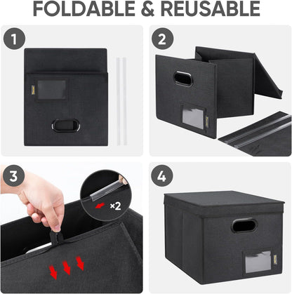 BALEINE File Organizer Box with Lid, Collapsible File Folder Organizer with Plastic Slide, Hanging File Folder Box for Office Document Storage (Black)