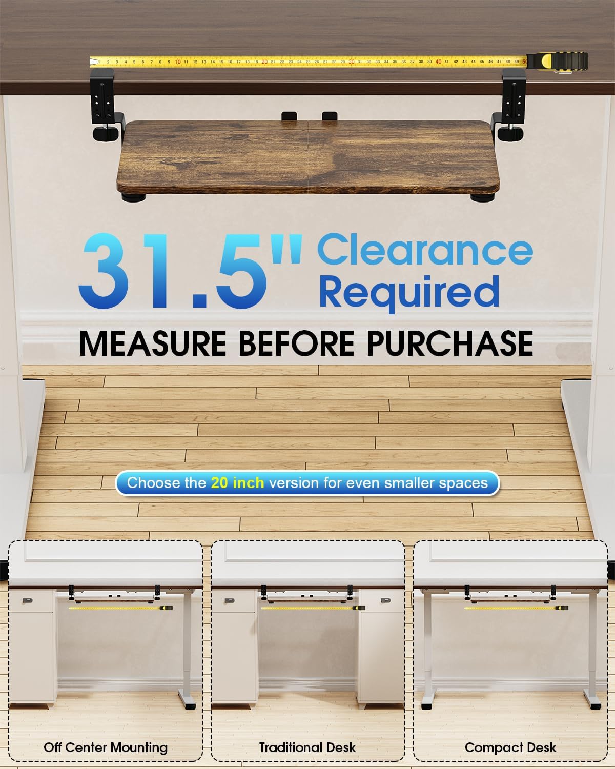 Small Keyboard Tray Under Desk, Pull Out Keyboard & Mouse Tray with Adjustable C-clamp, 20(25.9 Including Clamps) x 11.8 Inch Slide Out Computer Keyboard Drawer Mouse Tray for Typing, Walnut