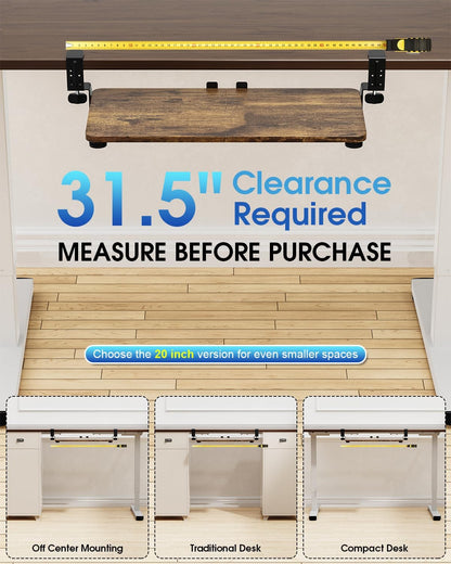Small Keyboard Tray Under Desk, Pull Out Keyboard & Mouse Tray with Adjustable C-clamp, 20(25.9 Including Clamps) x 11.8 Inch Slide Out Computer Keyboard Drawer Mouse Tray for Typing, Walnut