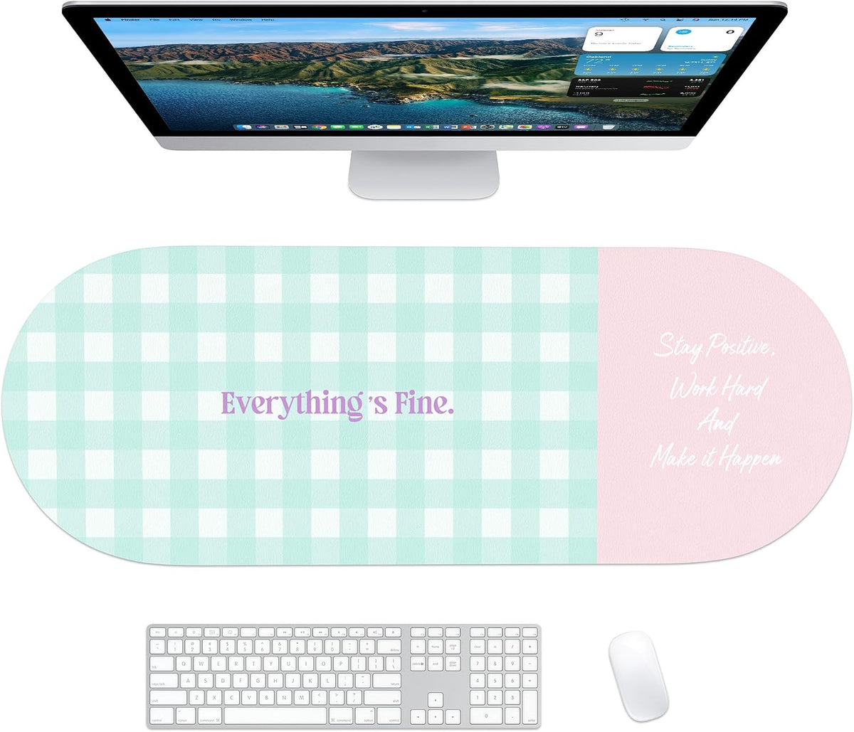 Checkered Pattern Desk Pad Protector, 35.5 x 13'' Aesthetic Mouse Mat for Desktop, Waterproof PU Leathe Non-Slip Desk Writing Pad for Office and Home, Green and Purple