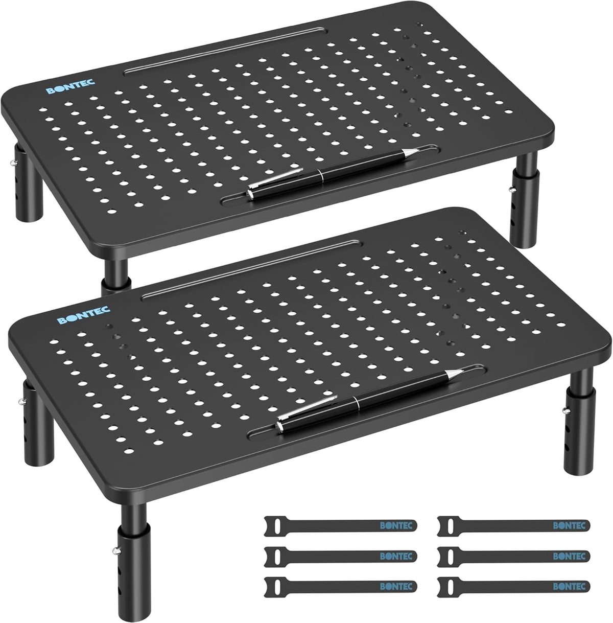 BONTEC Adjustable Monitor Stand Riser with Drawer, Ergonomic Mesh Platform Computer Monitor Stand for Desk, Ventilated Laptop and PC Stand with Cable Management, Supports up to 44lbs