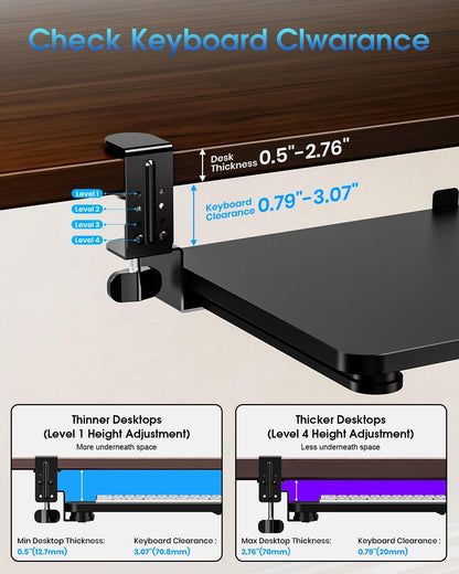 Small Keyboard Tray Under Desk, Pull Out Keyboard & Mouse Tray with Adjustable C-clamp, 20(25.9 Including Clamps) x 11.8 Inch Slide Out Computer Keyboard Drawer Mouse Tray for Typing, Walnut