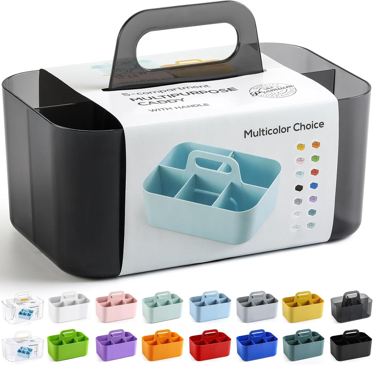 Multiuse Caddy Organizer with Handle, Portable Divided Plastic Tote Bin - Art Craft, Stationary Pen Marker Crayons, Makeup Hair Supplies Storage - Bathroom, Classroom, Dorm, Office, Desk Holder -Black