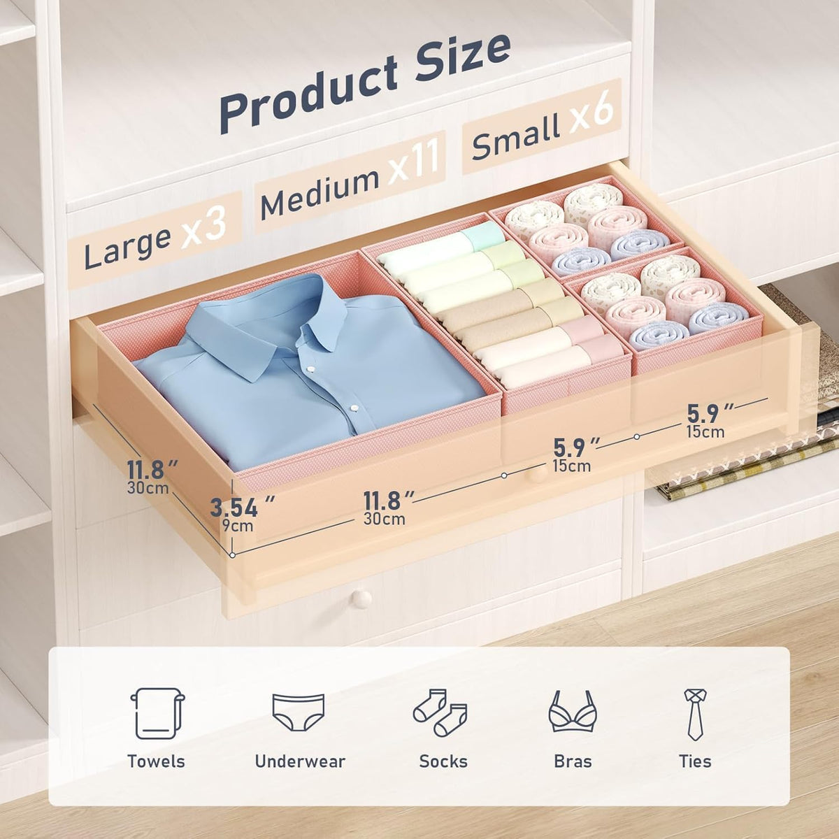 Drawer Organizer Clothes, Dresser Organizer, Foldable Closet Organizers and Storage, Fabric Dresser Bins, Drawer Dividers for Nursery, Baby Clothes, Underwears, Sock (Beige)