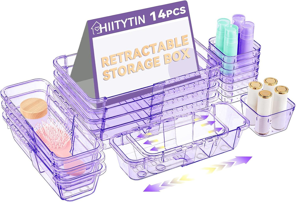 Adjustable Clear Drawer Organizer, Extendable Vanity Storage Bins, Desk Drawer Organizer Set for Makeup, Cosmetics, Bedroom, and Gadgets, Purple
