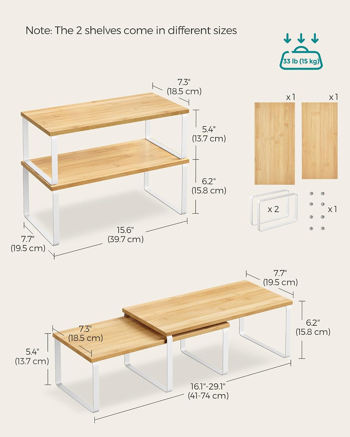 SONGMICS Cabinet Organizer Shelf, Set of 4 Kitchen Counter Shelves, Kitchen Storage, Spice Rack, Stackable, Expandable, Metal and Engineered Wood, Cloud White and Natural Beige UKCS010N01