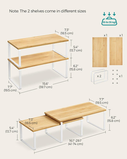 SONGMICS Cabinet Organizer Shelf, Set of 4 Kitchen Counter Shelves, Kitchen Storage, Spice Rack, Stackable, Expandable, Metal and Engineered Wood, Cloud White and Natural Beige UKCS010N01