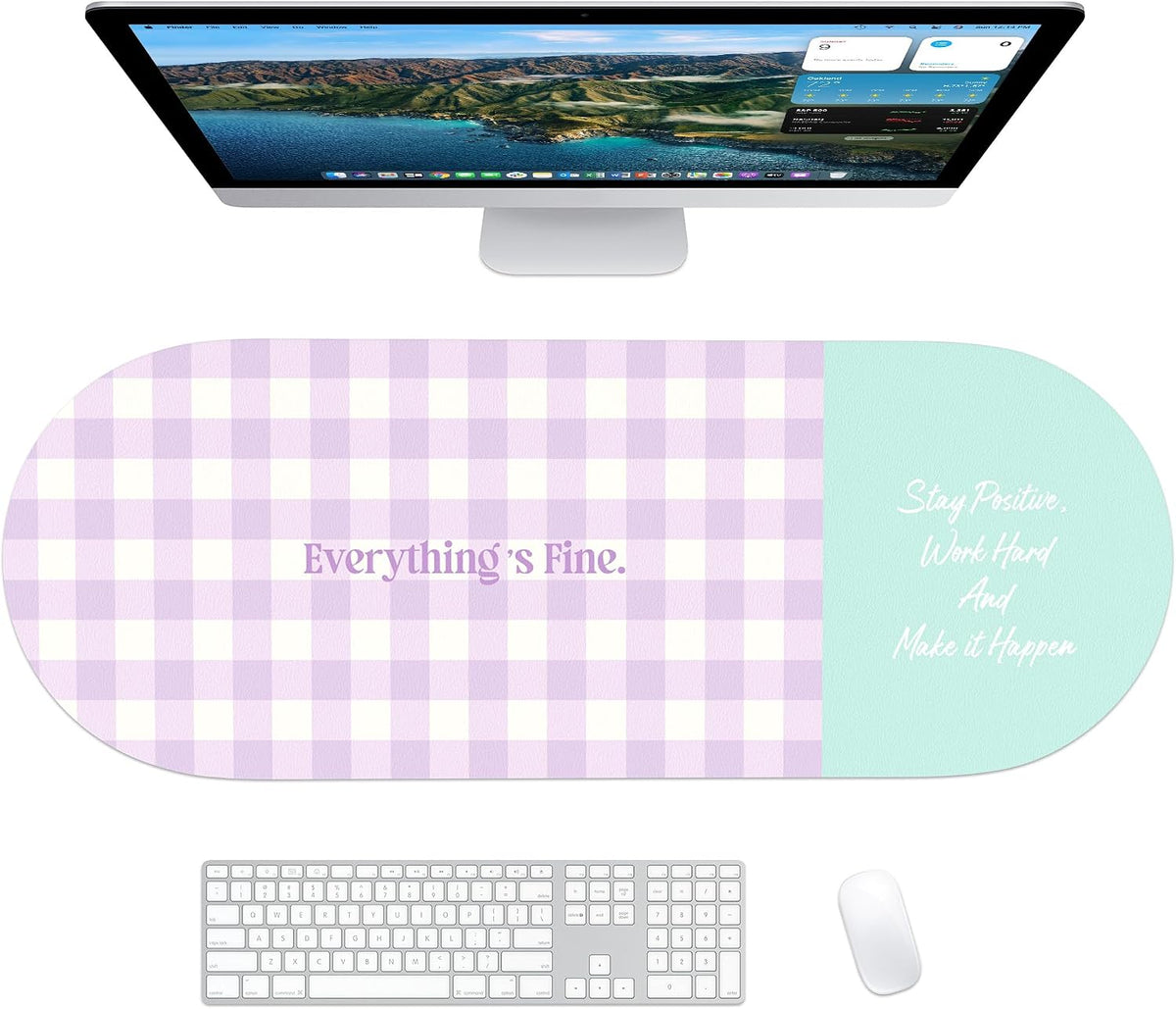 Checkered Pattern Desk Pad Protector, 35.5 x 13'' Aesthetic Mouse Mat for Desktop, Waterproof PU Leathe Non-Slip Desk Writing Pad for Office and Home, Green and Purple