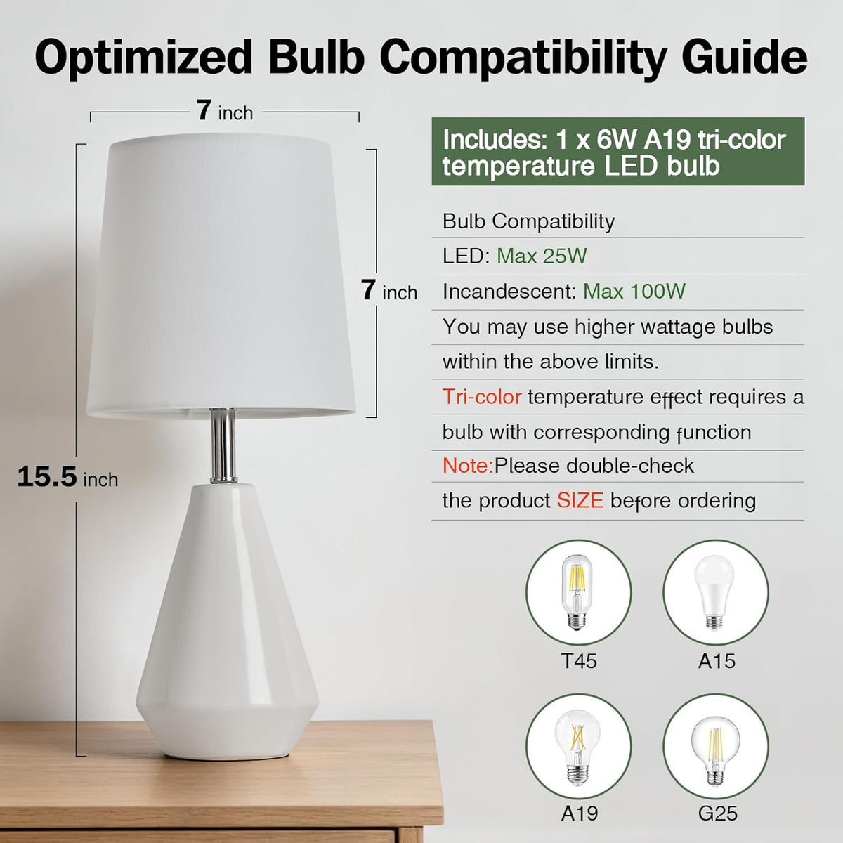 Small Bedside Table Lamp for Bedroom - Reading Desk Lamp with 3 Color Temperatures，15.5" Nightstand Ceramic Lamp with Fabric Shade for Kids Room,Living Room,Dorm,Home Office (Green)