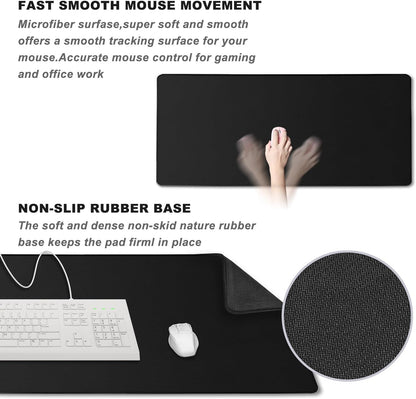 31.5" x 15.7" Waterproof Fabric Desk Pad, Rubber Anti-Slip Base, Stitched Edges No Curling, Fits Laptop Keyboard and Mouse, Smooth Office Mat Large Mouse Pad for Work Game, Black