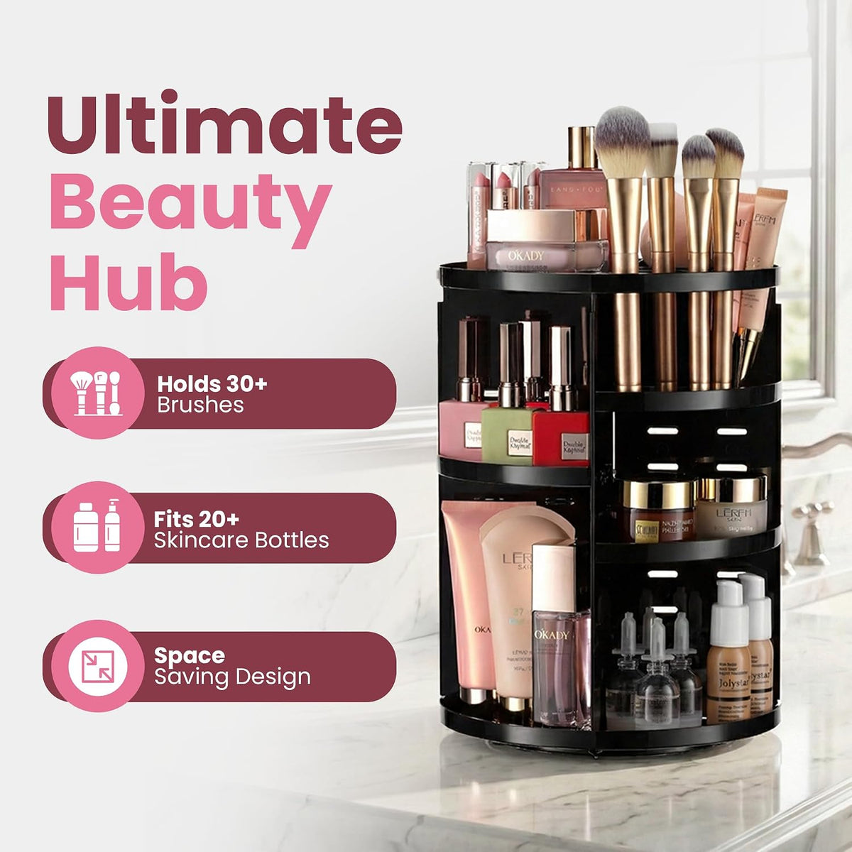 Masirs 360 Rotating Makeup Organizer Countertop - Adjustable Shelf Height - The Perfect Round Spinning Cosmetic Organizer for Bedroom Dresser or Vanity Countertop Storage (Clear)
