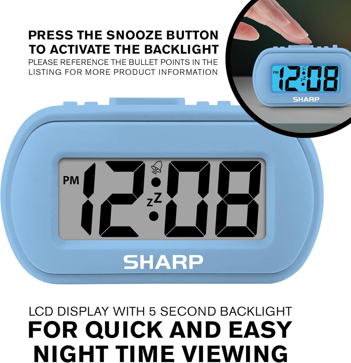 Sharp Digital Alarm Clock – Tactile Plastic Case with Soft Rubberized Finish - Battery Operated – Blue Backlight on Demand – Ascending Alarm – Easy to Use – Charcoal Black