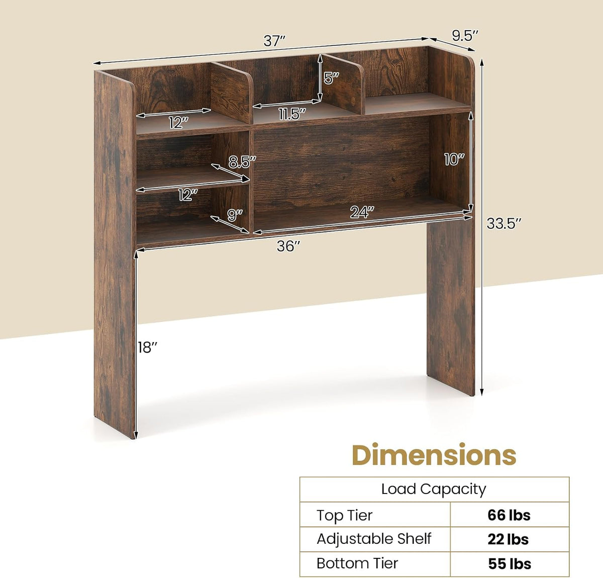 Desktop Bookshelf, Countertop Storage Hutch with 5 Shelves for Computer Desk, Desk 3-Tier Display Rack, Multipurpose Wood Desktop Hutch Storage Organizer for Dorm Office Home