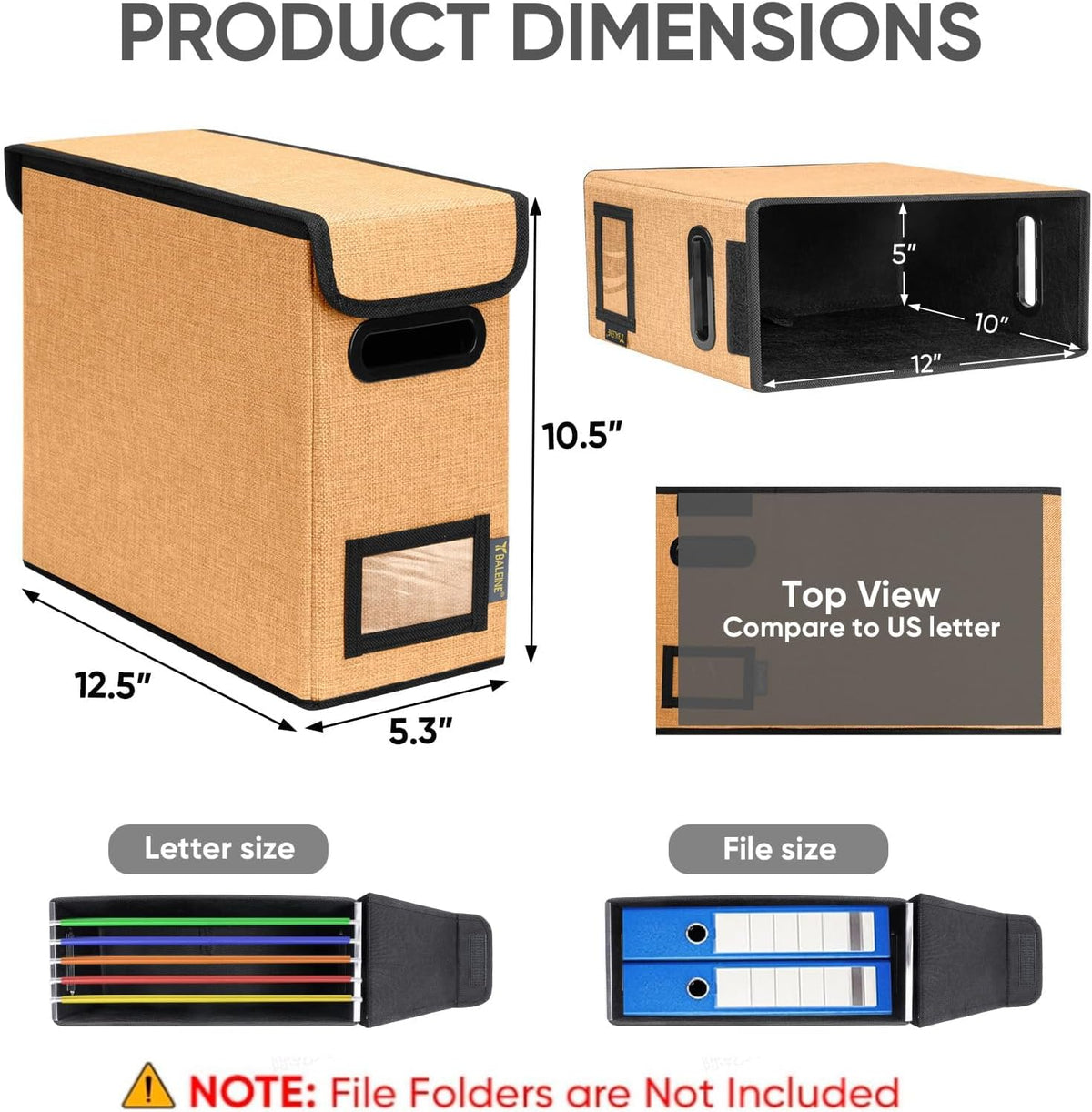BALEINE File Organizer Box with Lid, Collapsible File Folder Organizer with Plastic Slide, Hanging File Folder Box for Office Document Storage (Black)