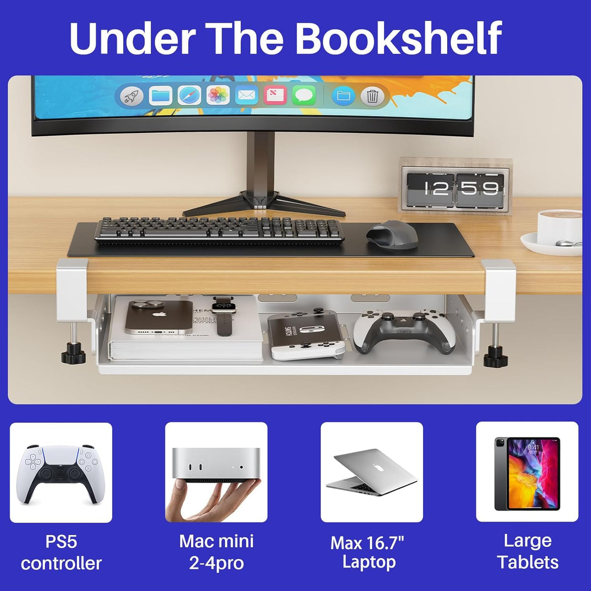 No Drill Under Desk Laptop Mount, Metal Under Desk Storage Shelf with Cable Management, Laptop Storage Tray for MacBook, Keyboard, Mac Mini, Anti-Scratch Silicone, Fits Office, Gaming, Workstations