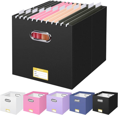 BALEINE File Organizer Box, Cardboard File Folder Organizer with Handle for Letter Size, Portable Collapsible Hanging Filing Box for Home Office Document Storage (2 Pack, Black)