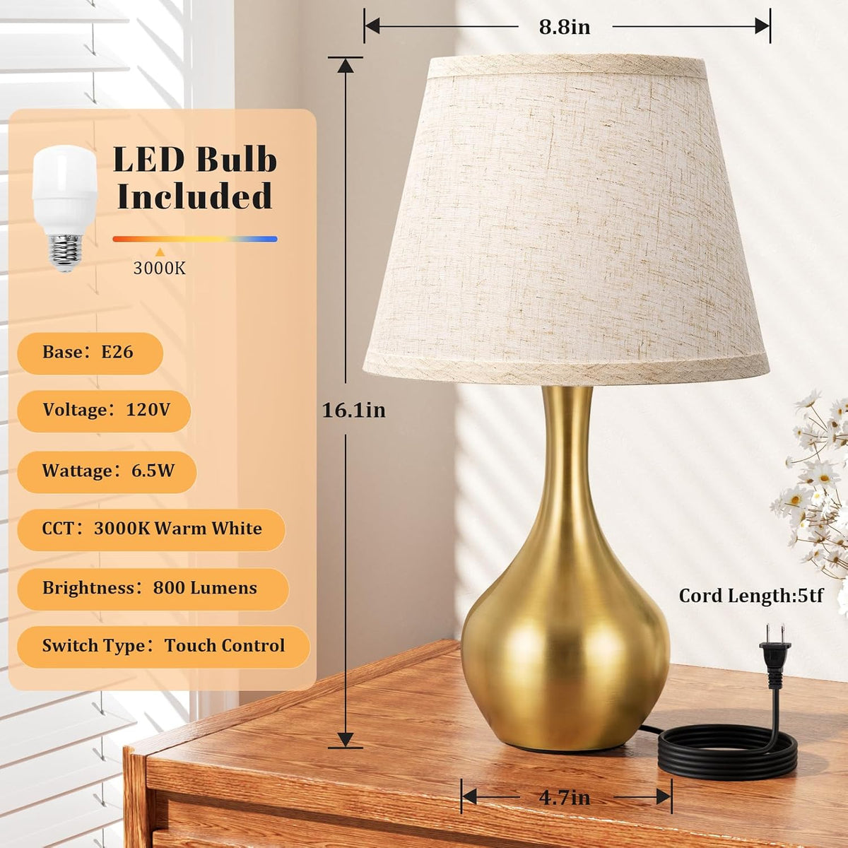 Seealle Touch Table Lamp for Bedroom, 3-Way Dimmable Small Bedside Lamps for Night Stands with Wires, Wood-Paint Desk Lamp for Kids Room, Office, Living Room, End Table(LED Bulb Included)
