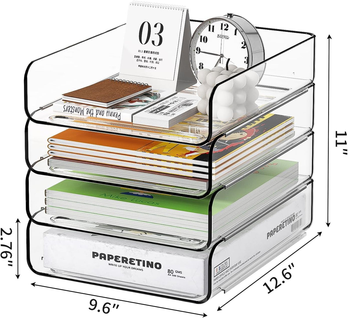 FANXIYQ 4-Tier Acrylic Paper Tray Organizer, Clear Stackable Desk File Organizer for Documents, Files, Letters, A4 Paper, Books, Notes, Mail & Paper Storage, Office Classroom Home