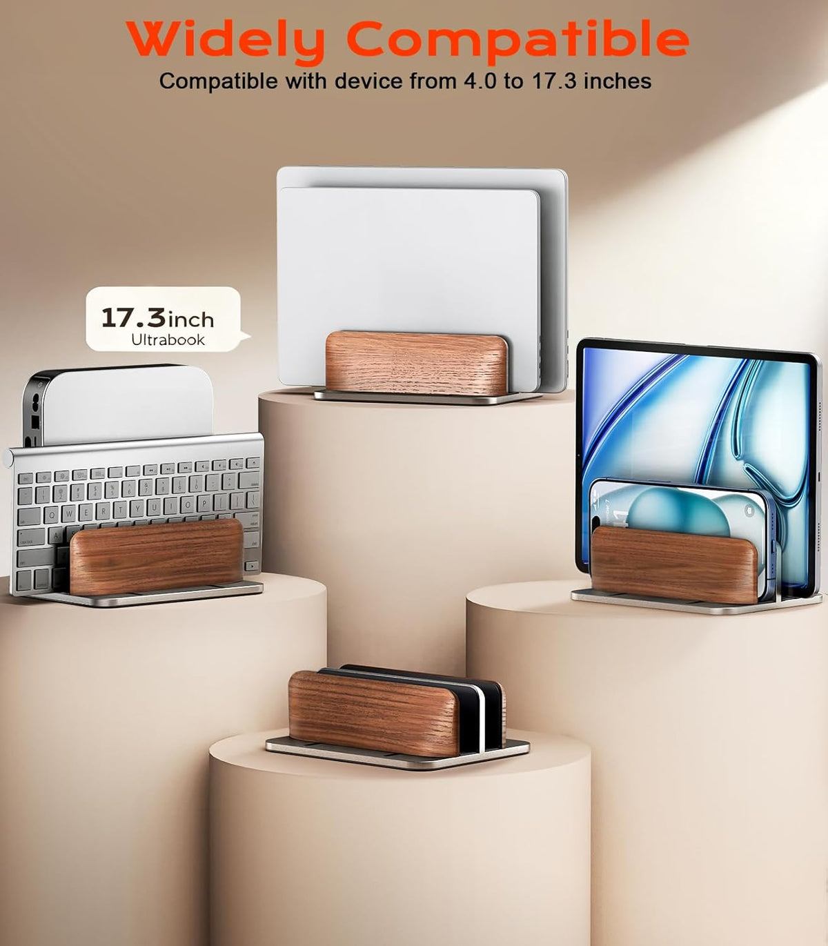 JCZT Vertical Laptop Stand, Walnut Dual Laptop Holder with Adjustable Aluminum Alloy Base Laptop Stand Compatible with All MacBok/Surface/Samsung/HP/Dell/Chrome Book (Silver)